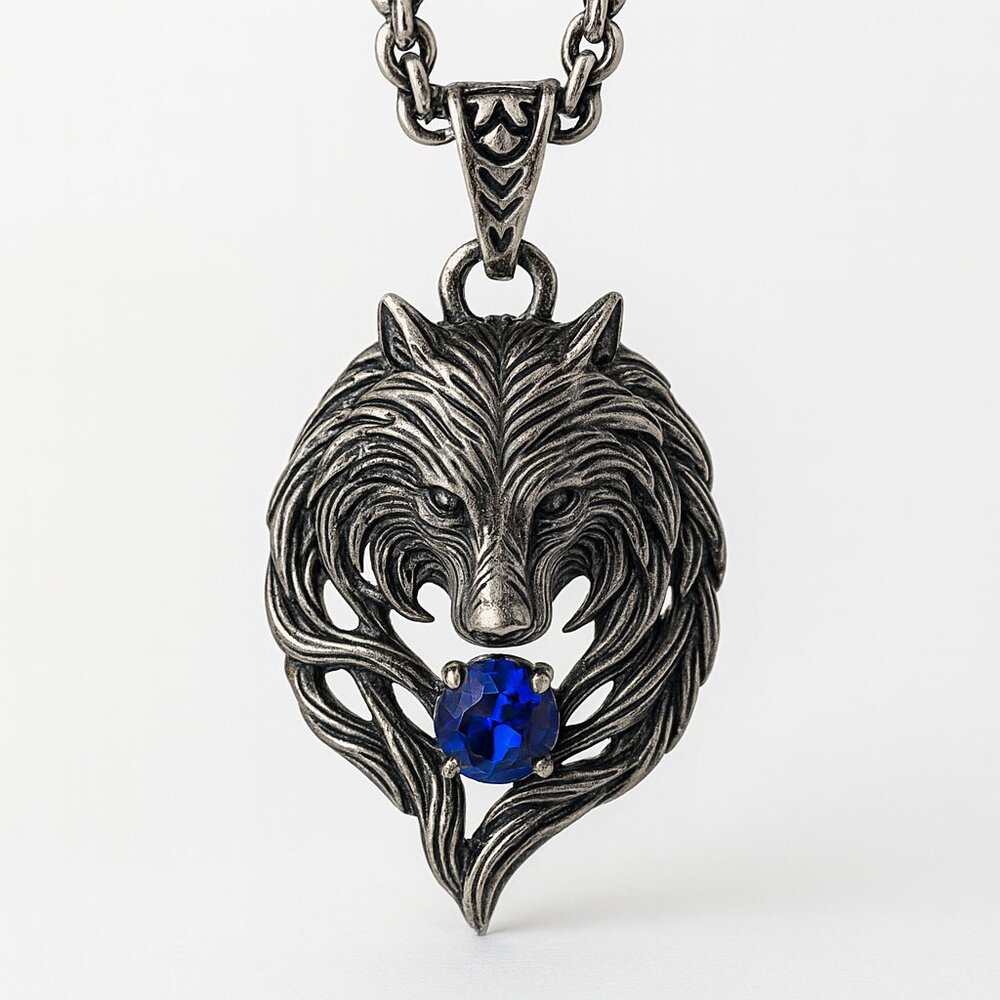 Wolf Head Pendant Necklace with Blue Gemstone – Silver Tone Chain
